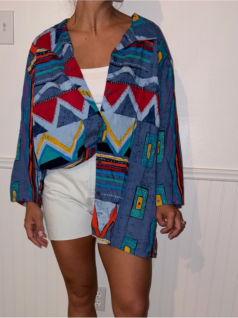 Vintage Multicolor Geometric Button-Up Jacket - Blue, Red, Teal, Yellow